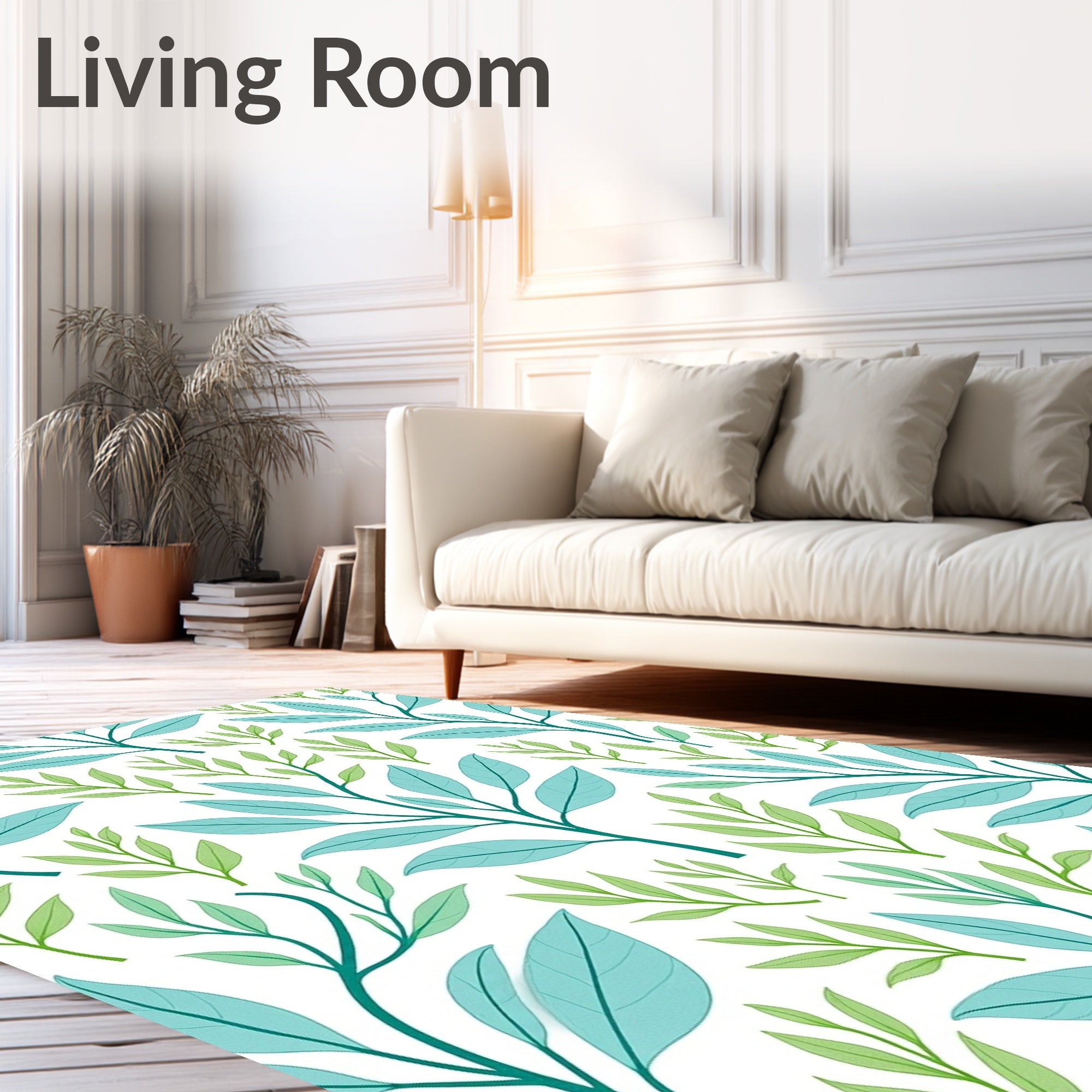 Teal And Green Leafy Branches Pattern Rug