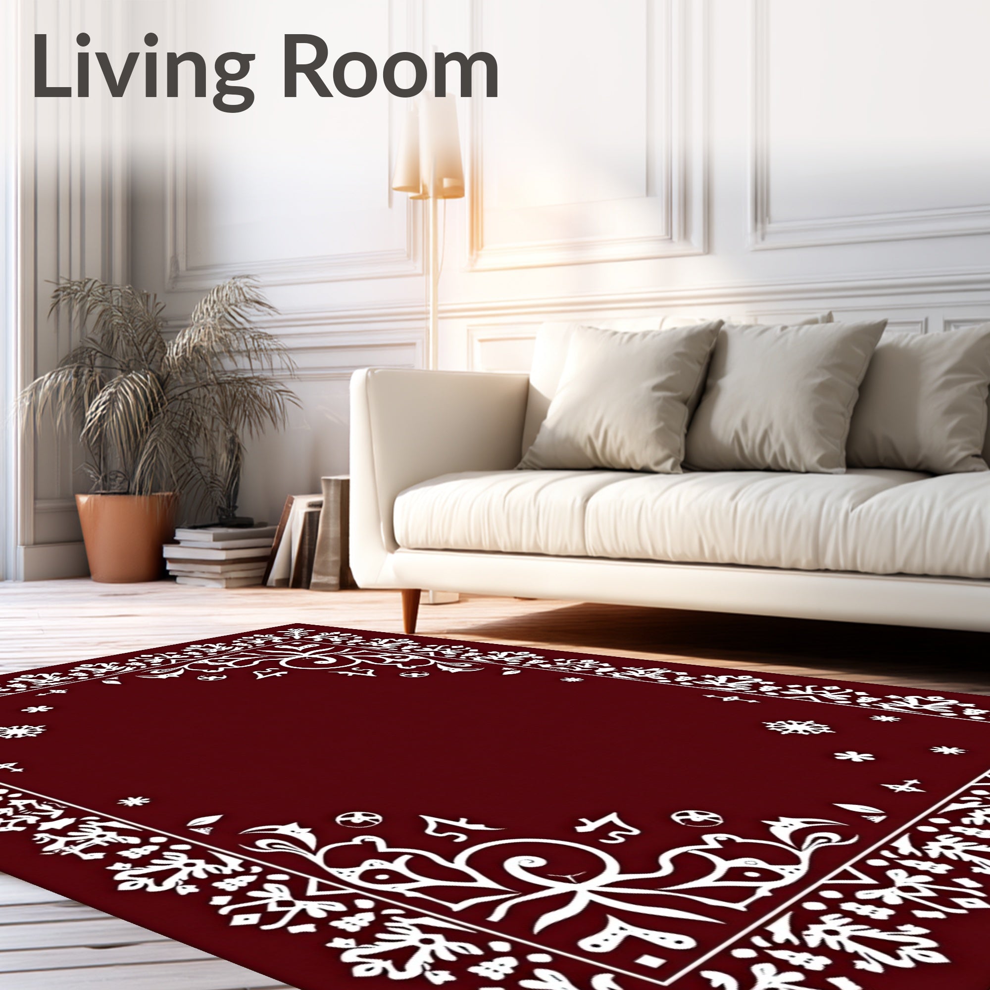 Elegant White Floral Border Pattern Rug