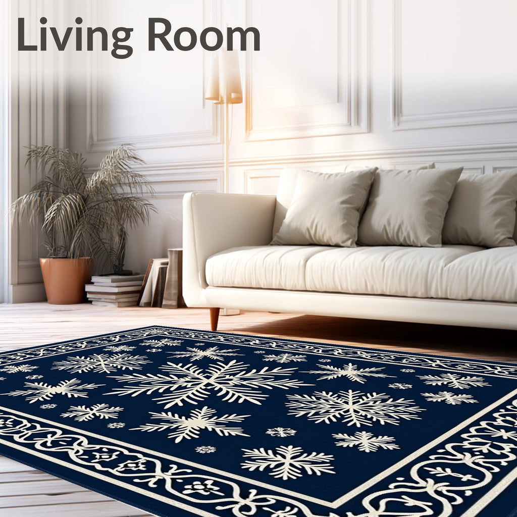 Snowflake Motif Navy Blue Bordered Rug