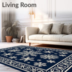 Snowflake Motif Navy Blue Bordered Rug