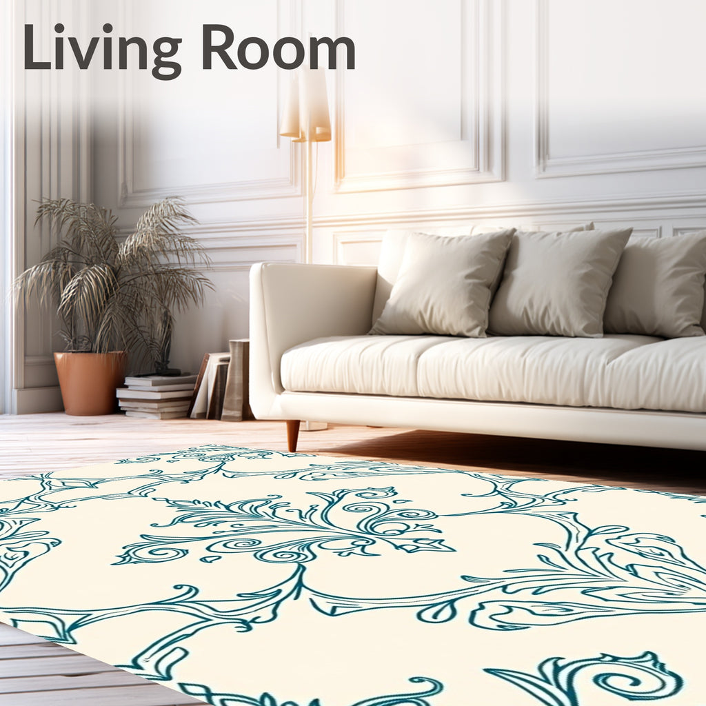 Elegant Teal Scrollwork Floral Damask Rug