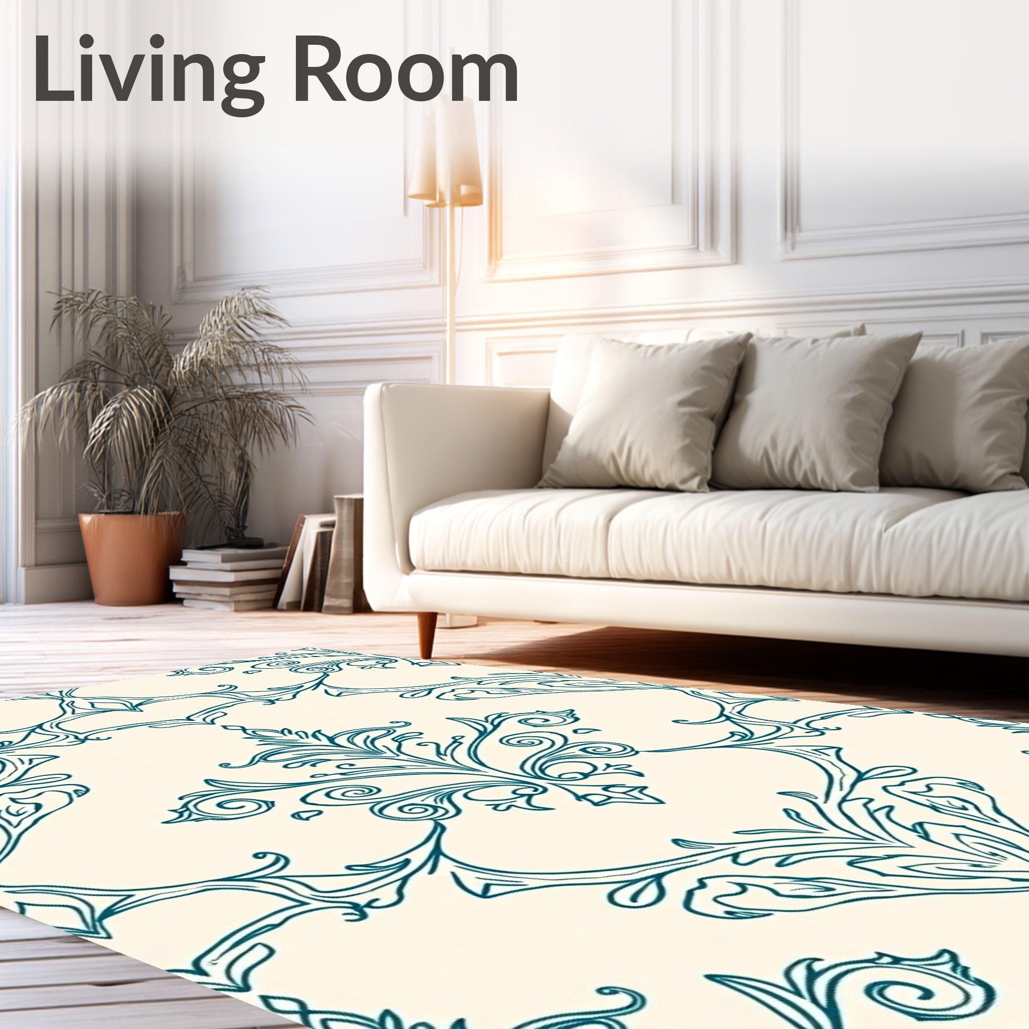 Elegant Teal Scrollwork Floral Damask Rug