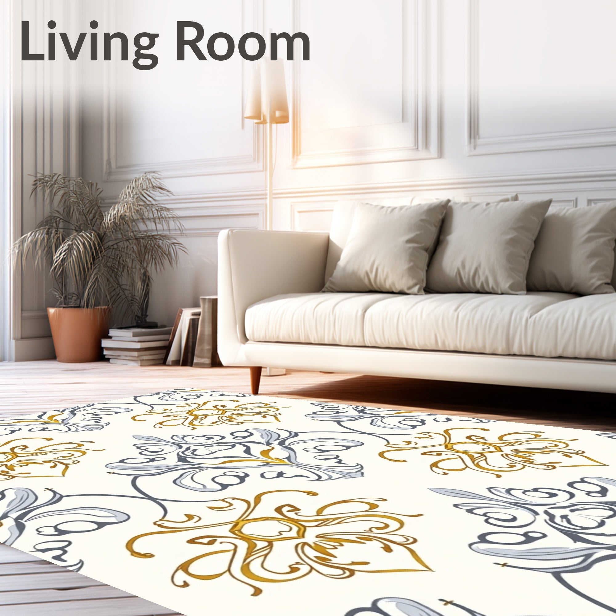 Gilded White Classic Damask Pattern Rug