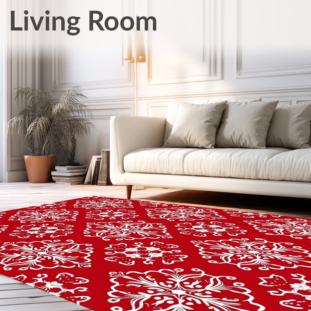 Classic Red White Damask Style Rug