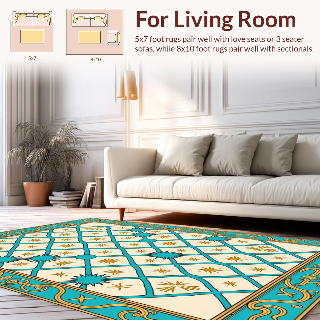 Turquoise Gold Geometric Starburst Design Rug