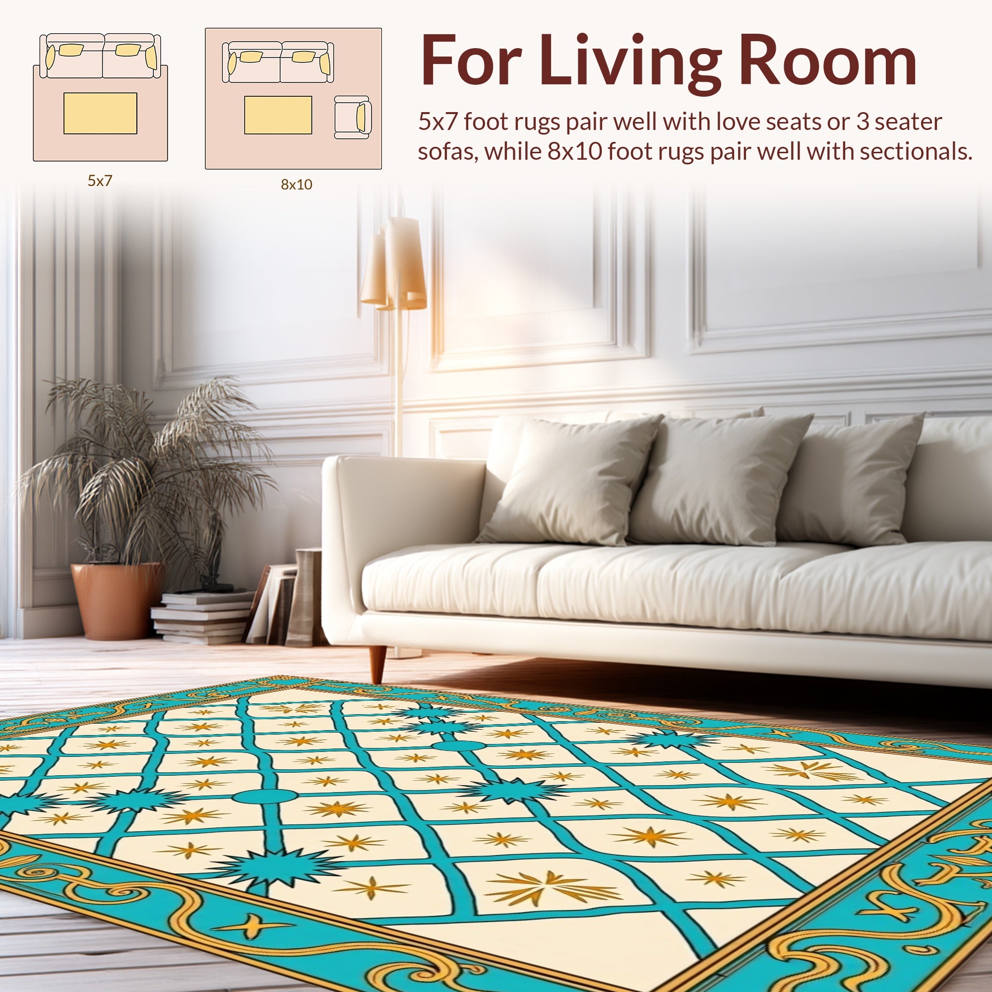 Turquoise Gold Geometric Starburst Design Rug