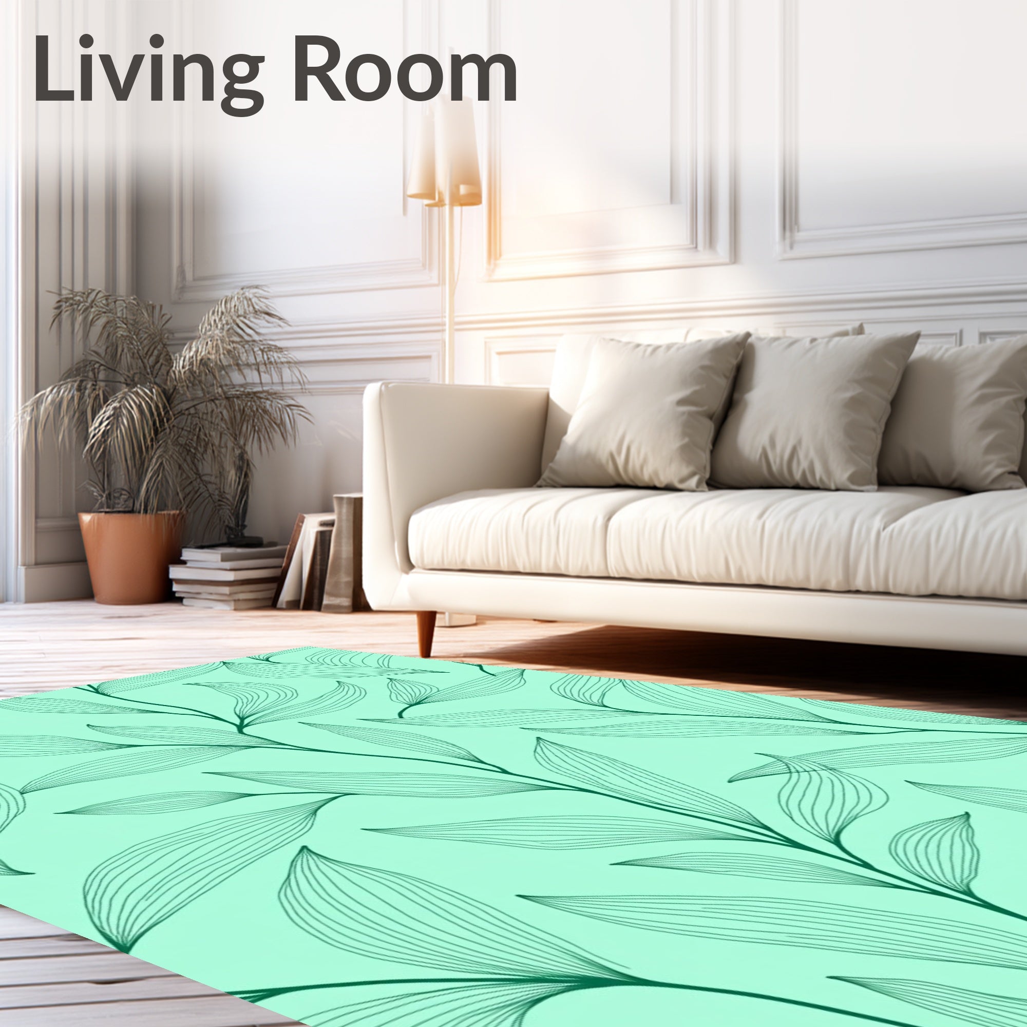 Delicate Green Leaf Line Art Pattern Rug