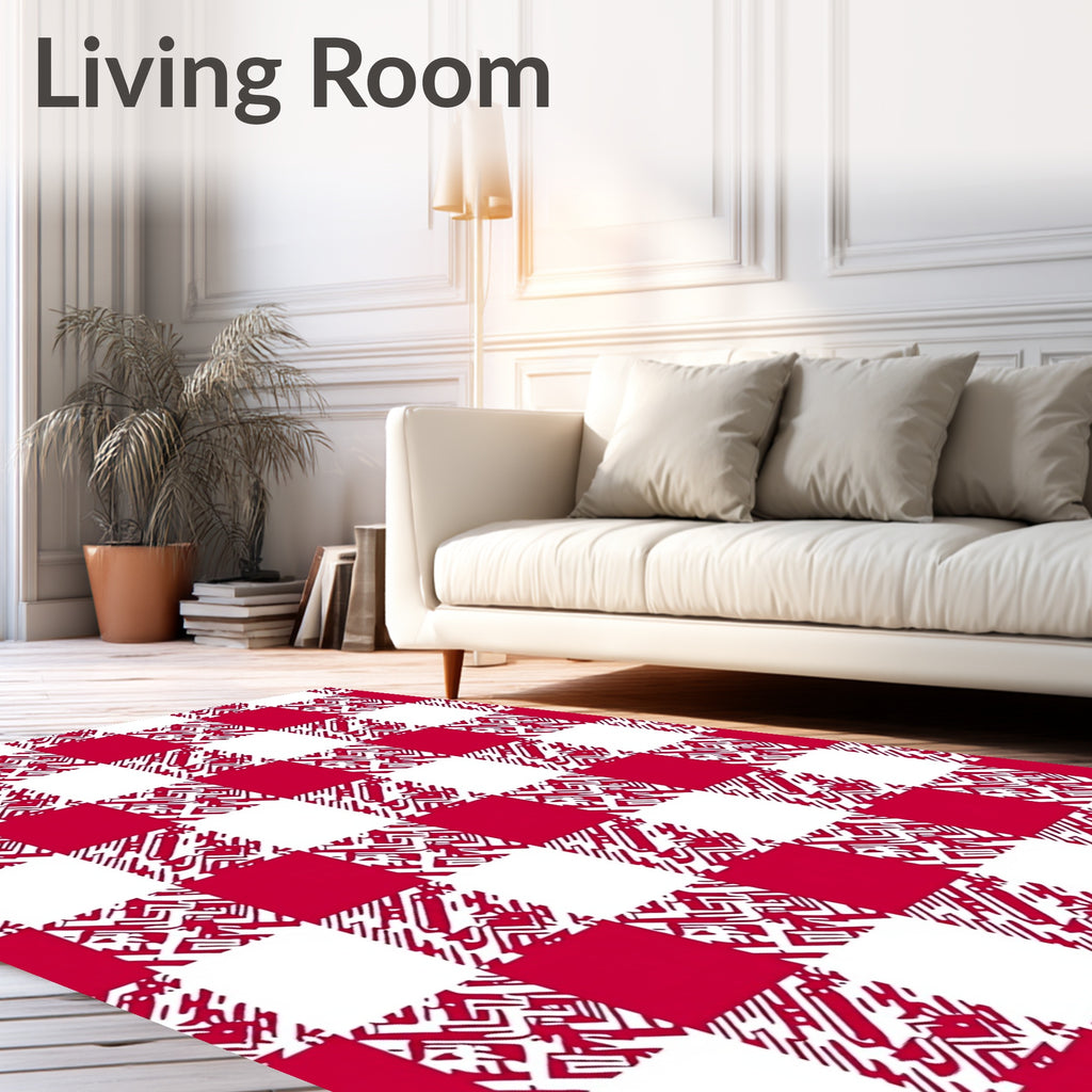 Red White Abstract Checkered Pattern Rug