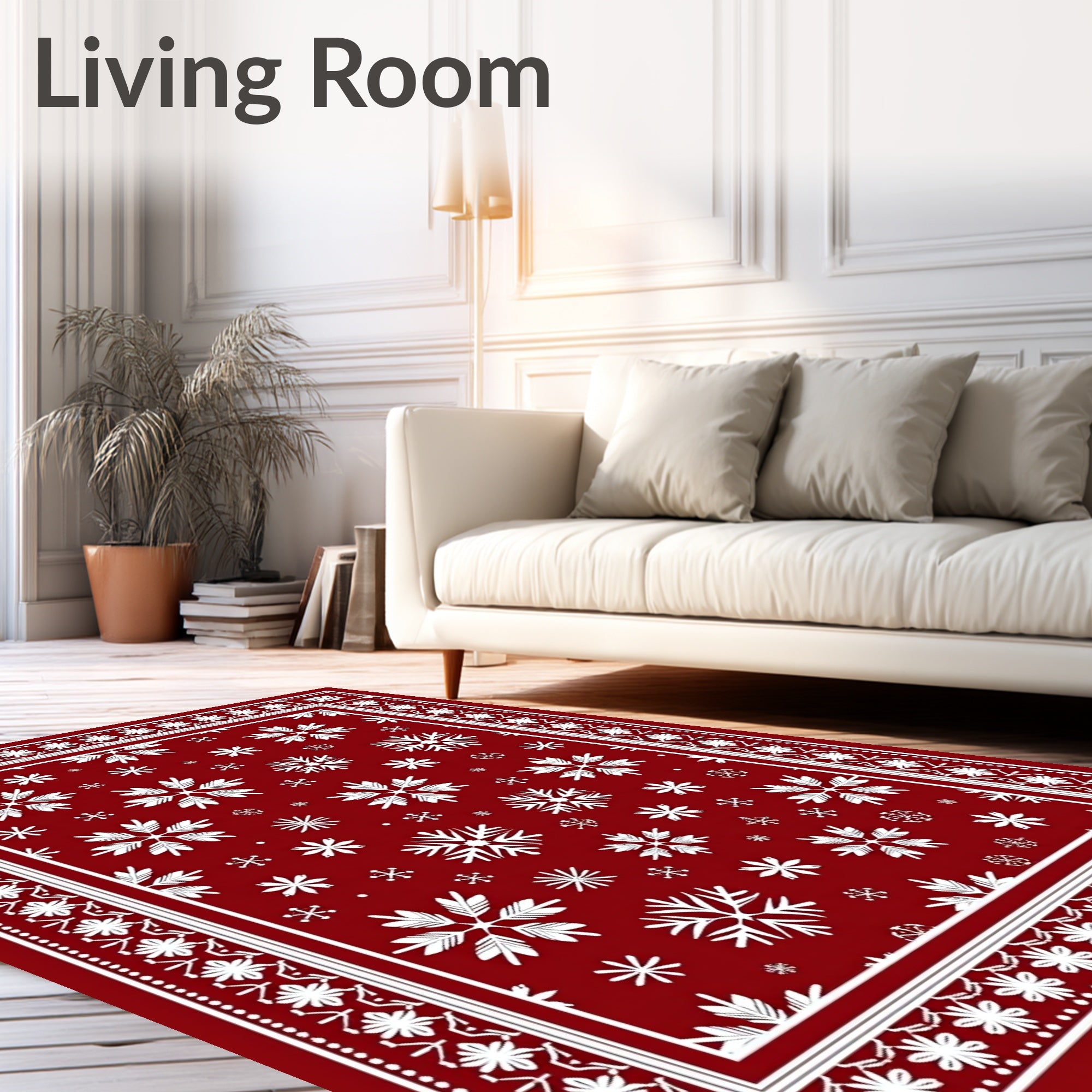White Snowflake Patterned Red Area Rug