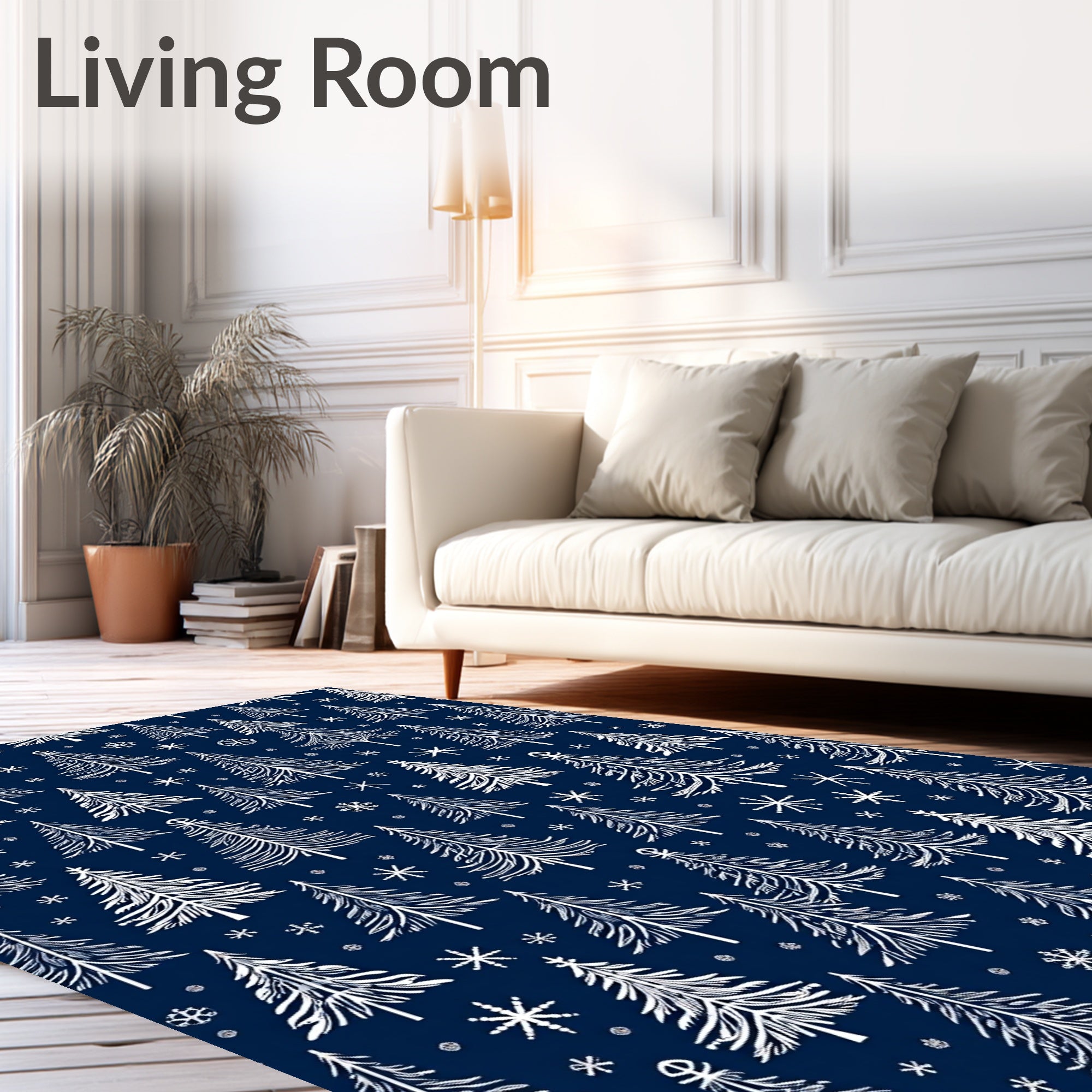 White Pine Trees Snowflakes Navy Rug
