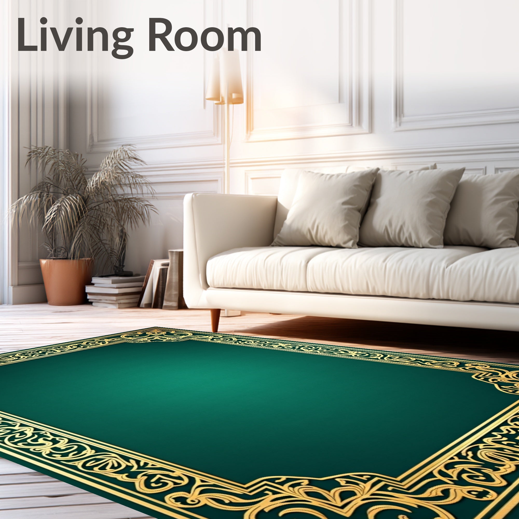 Emerald Green Golden Arabesque Border Rug