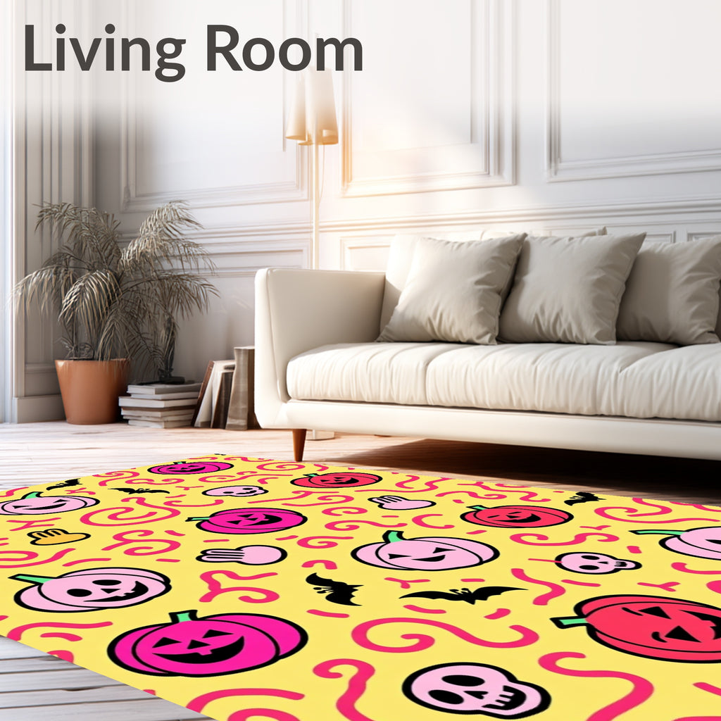 Whimsical Pink Red Pumpkin Bats Rug