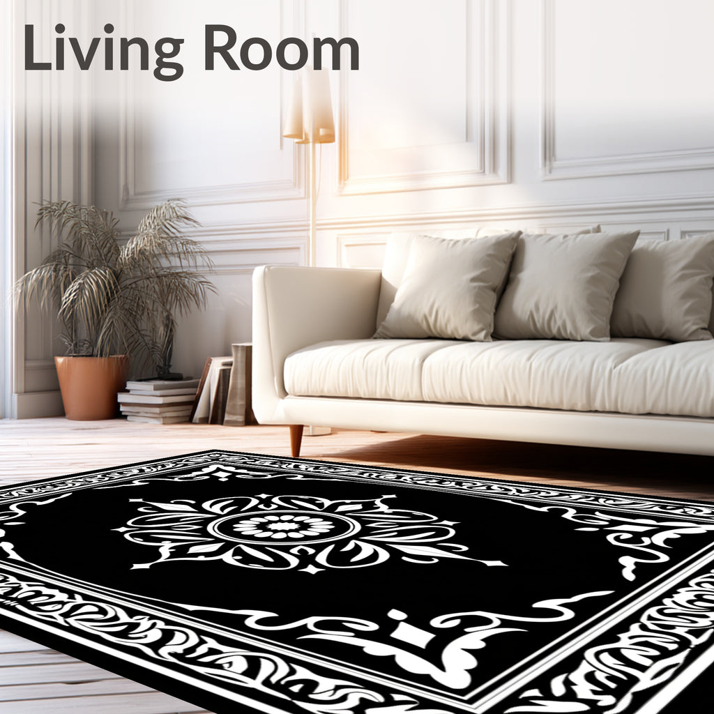 Vintage Black White Floral Scroll Pattern Rug