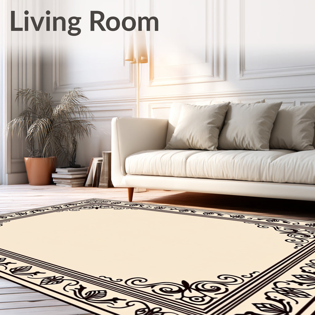 Ornate Black Floral Scrollwork Border Design Rug