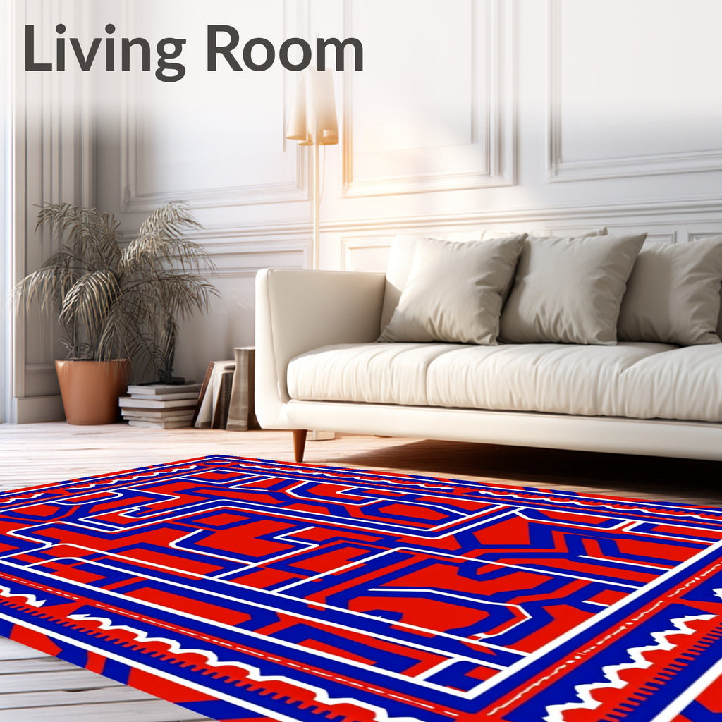 Bold Red Blue Geometric Maze Rug