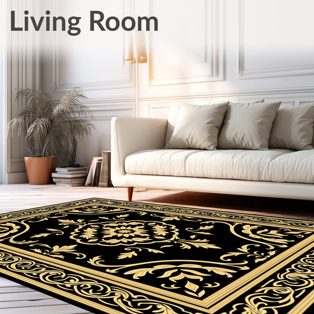 Elegant Black Gold Floral Scroll Rug