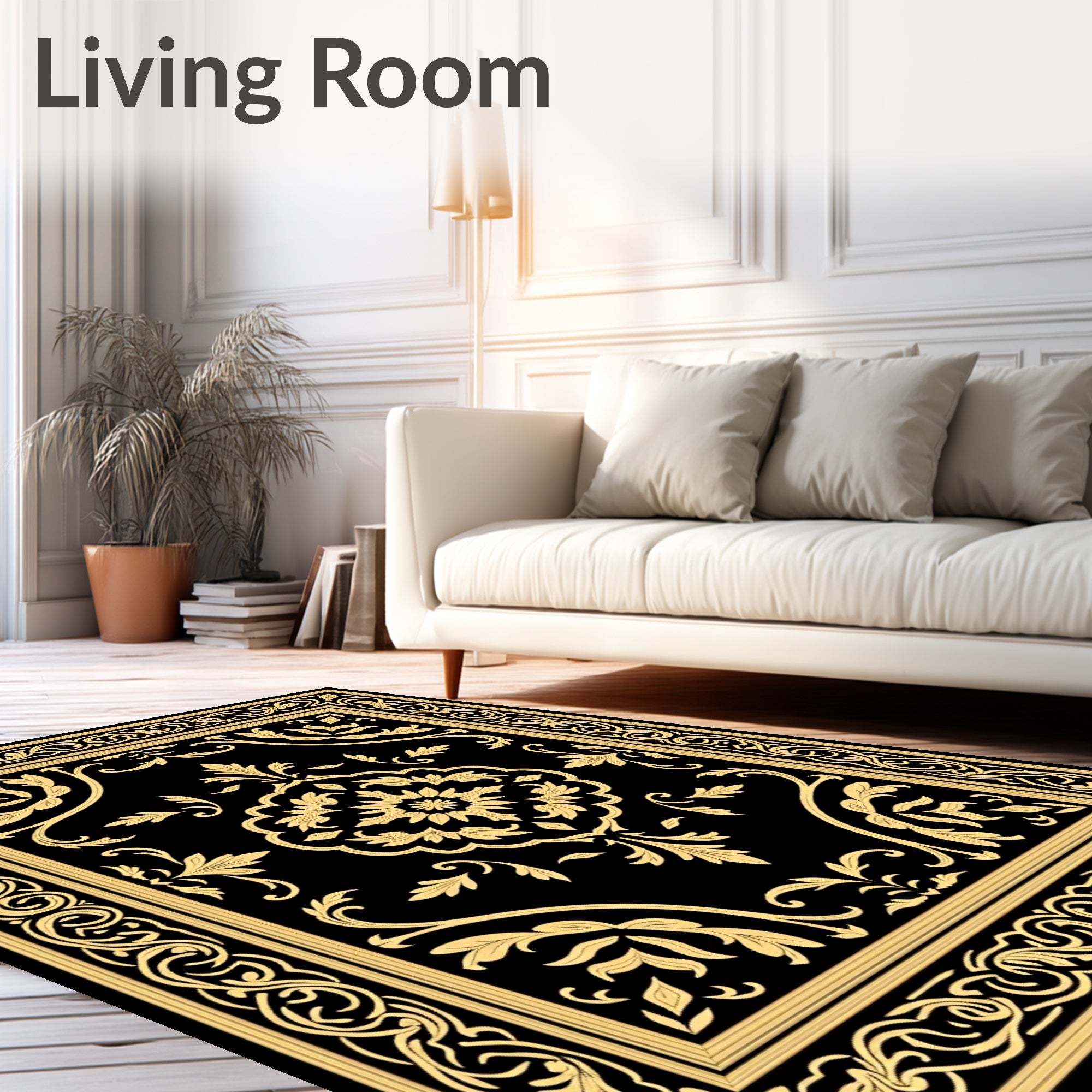Elegant Black Gold Floral Scroll Rug