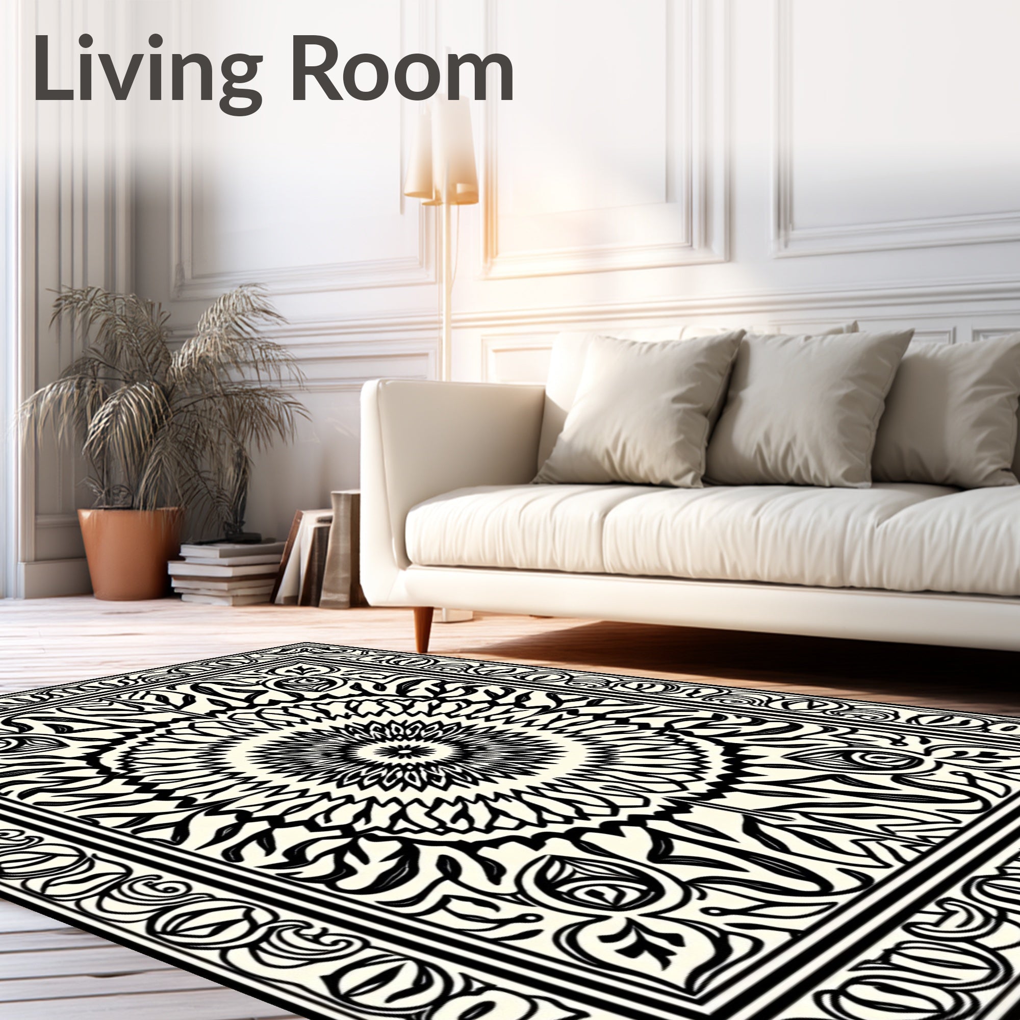 Black and White Mandala Scrollwork Rug