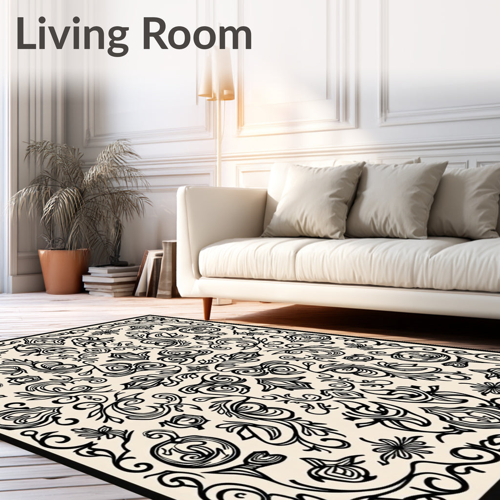 Ornate Black Floral Scroll Pattern Rug