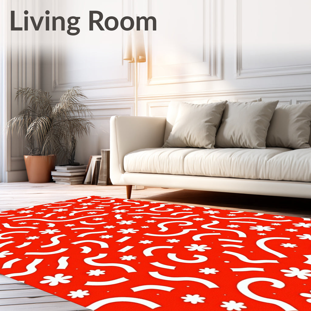 Bright Red White Playful Floral Swirl Rug