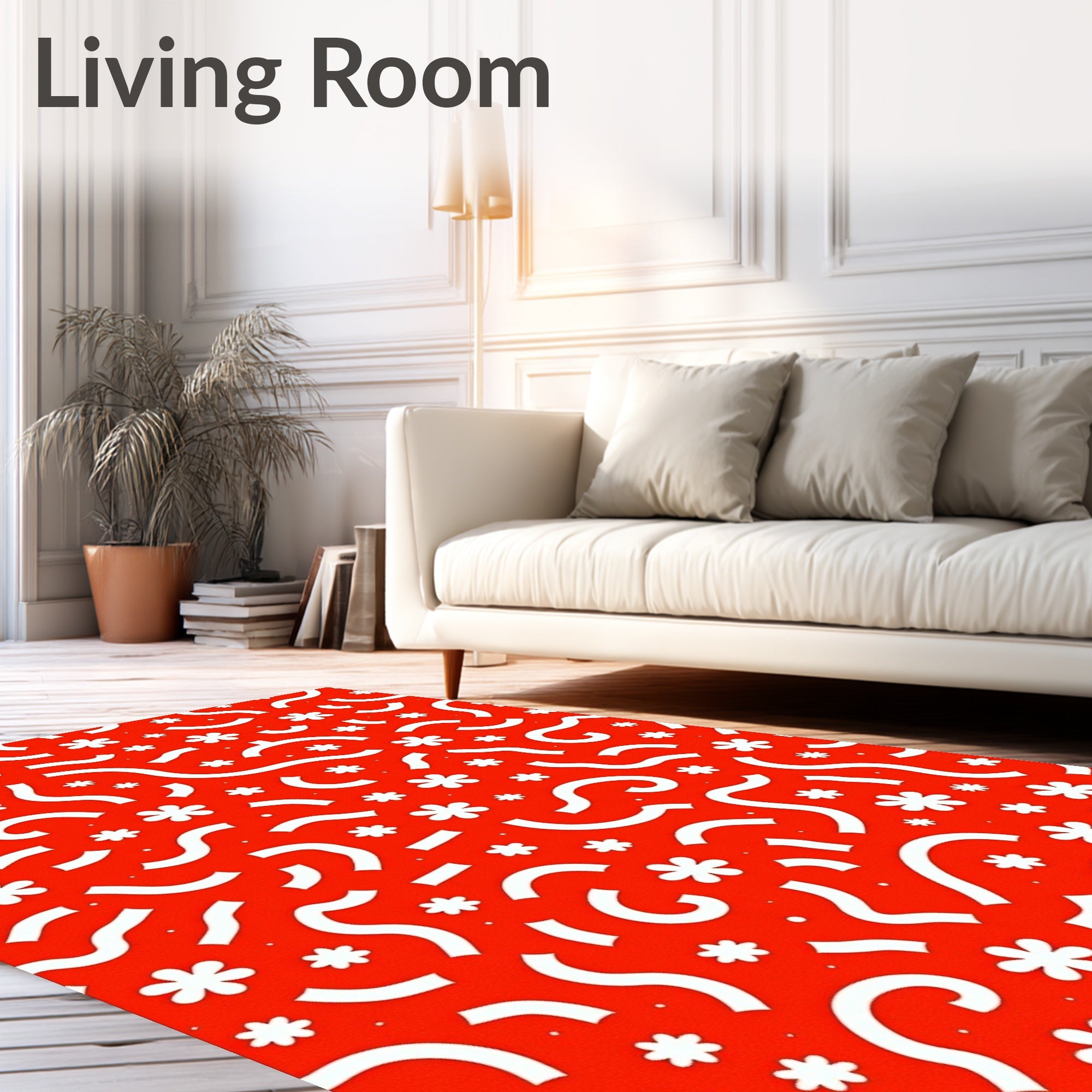 Bright Red White Playful Floral Swirl Rug
