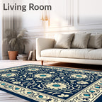Navy Cream Floral Medallion Border Design Rug