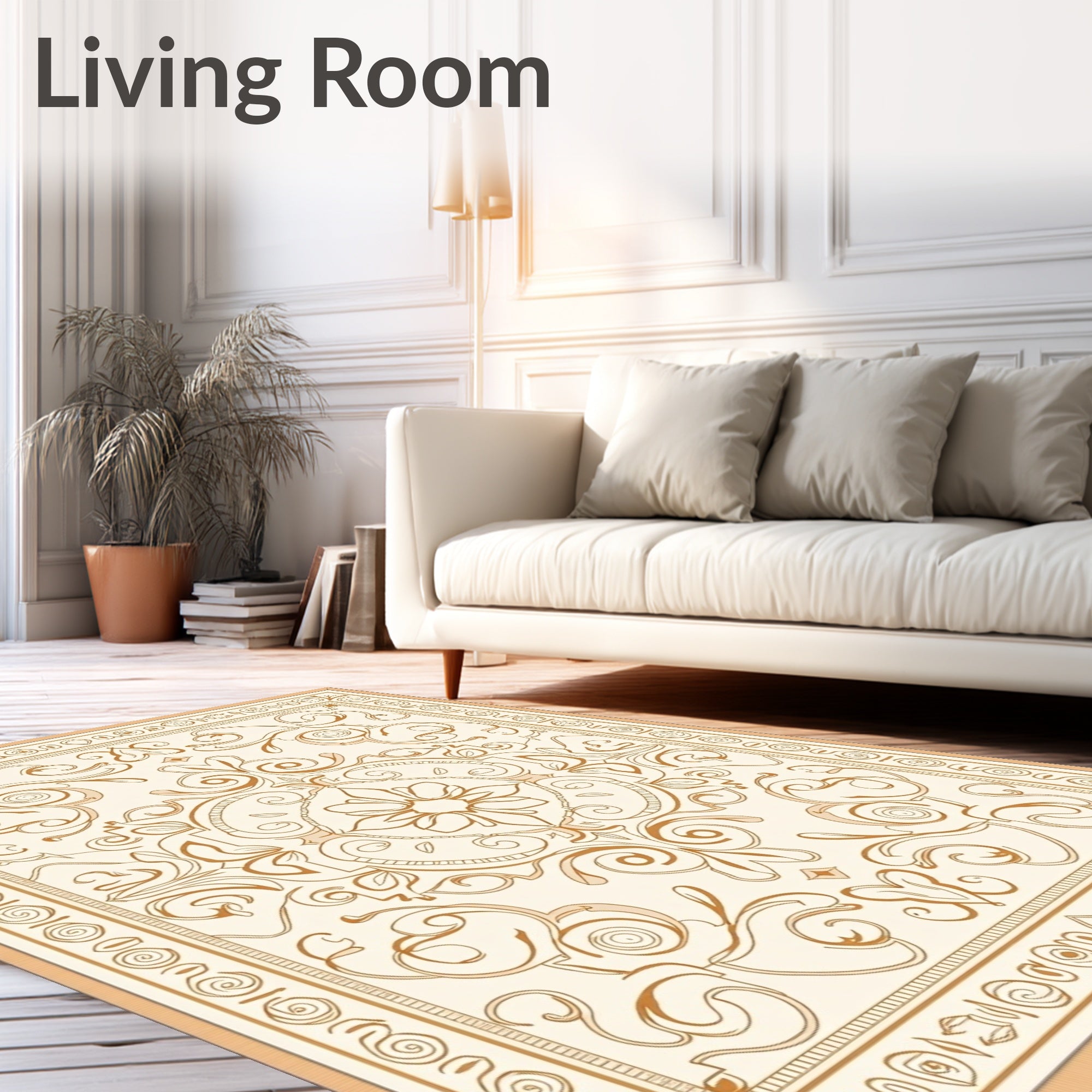 Elegant Floral Scrollwork Cream Gold Design Rug