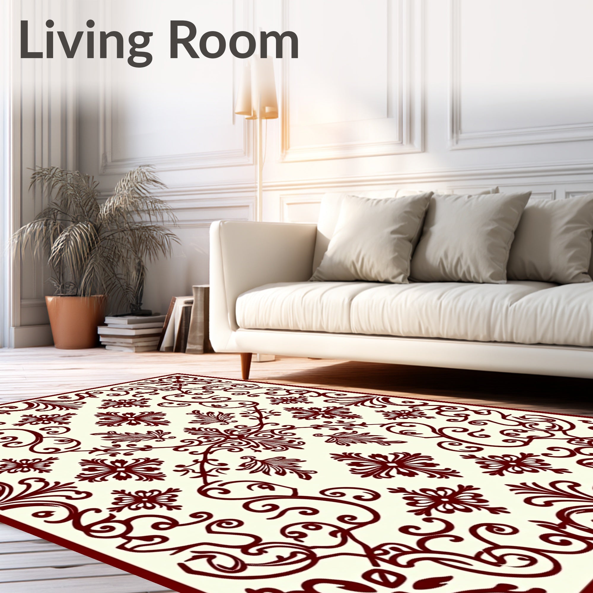 Ornate Red Floral Scroll Pattern Rug