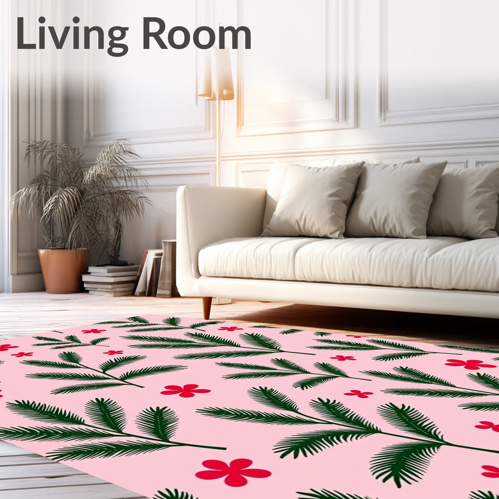 Green Fir Branches Red Flowers Rug