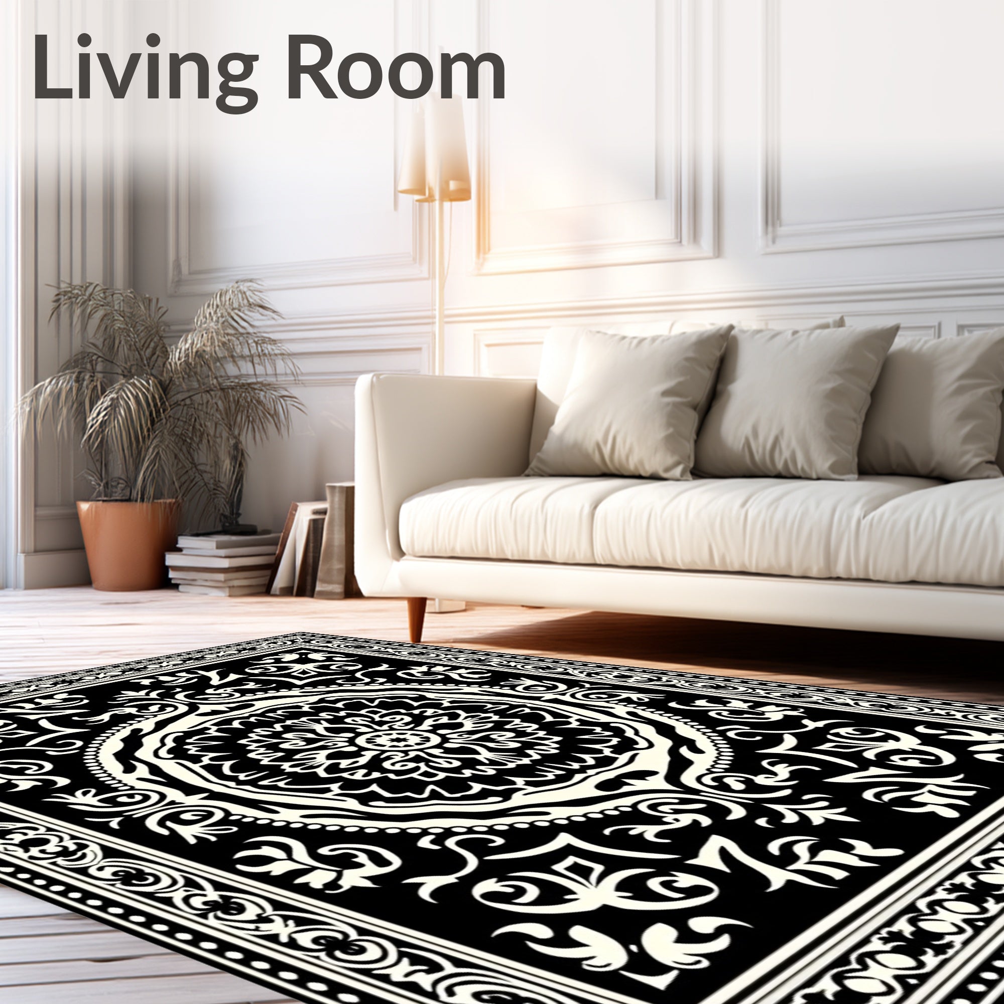 Ornate Black White Mandala Rug