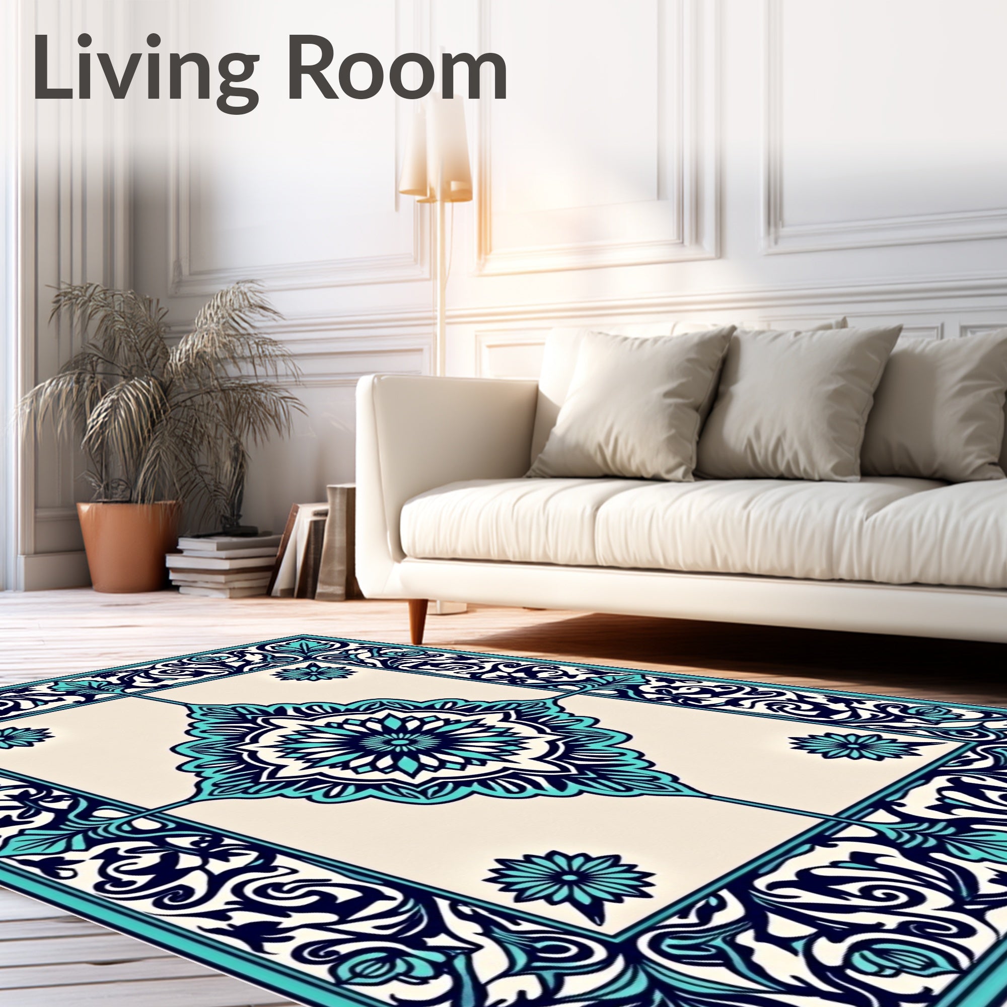 Vibrant Teal Floral Medallion Pattern Rug