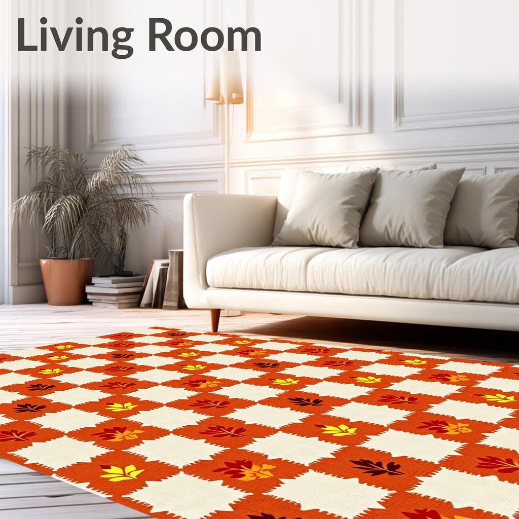 Autumn Leaves Gingham Square Pattern Rug