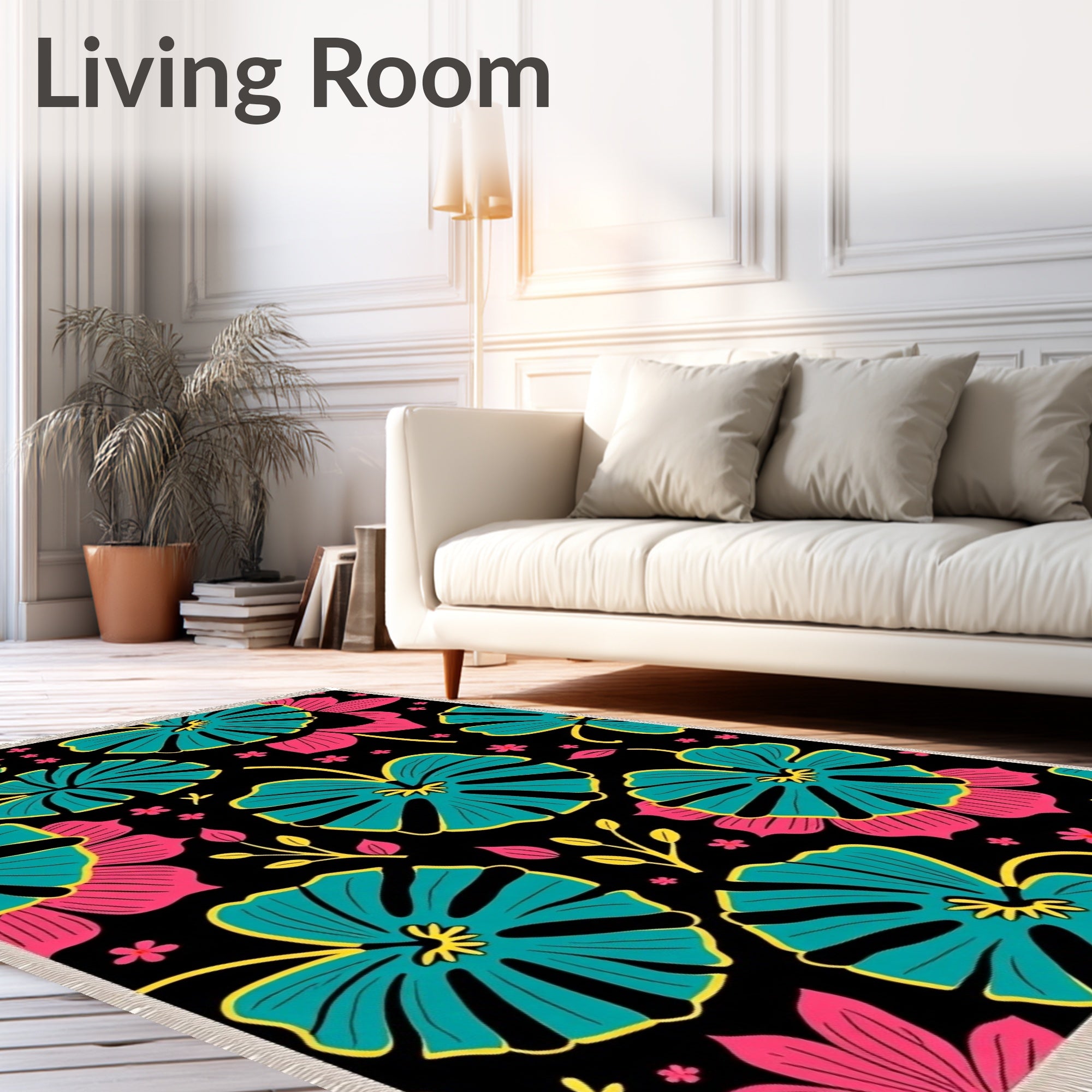 Vibrant Tropical Black Floral Rug