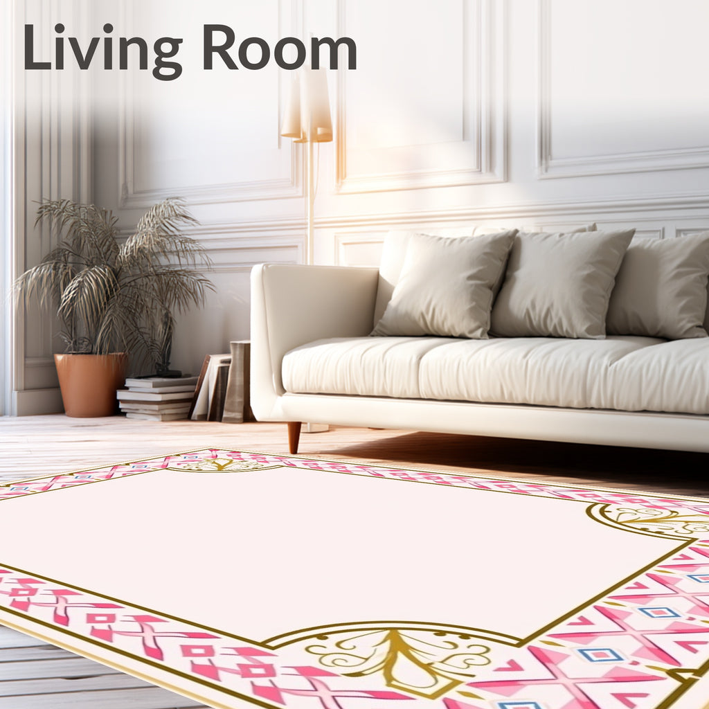 Pink Geometric Border With Gold Accents Rug