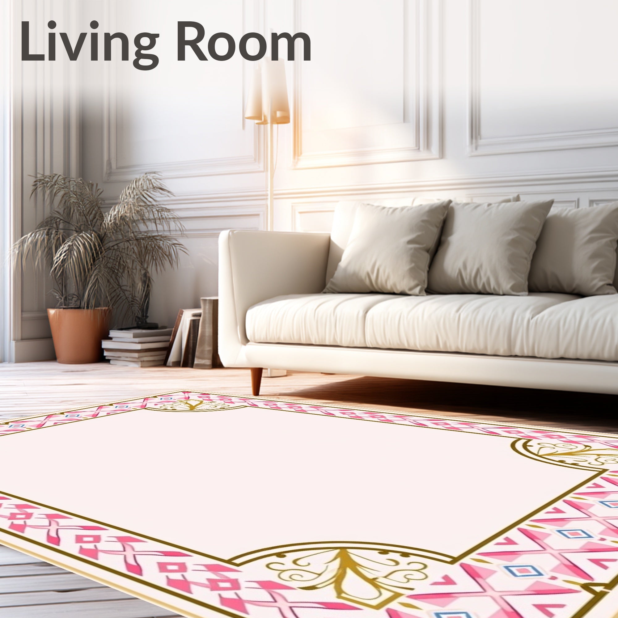 Pink Geometric Border With Gold Accents Rug
