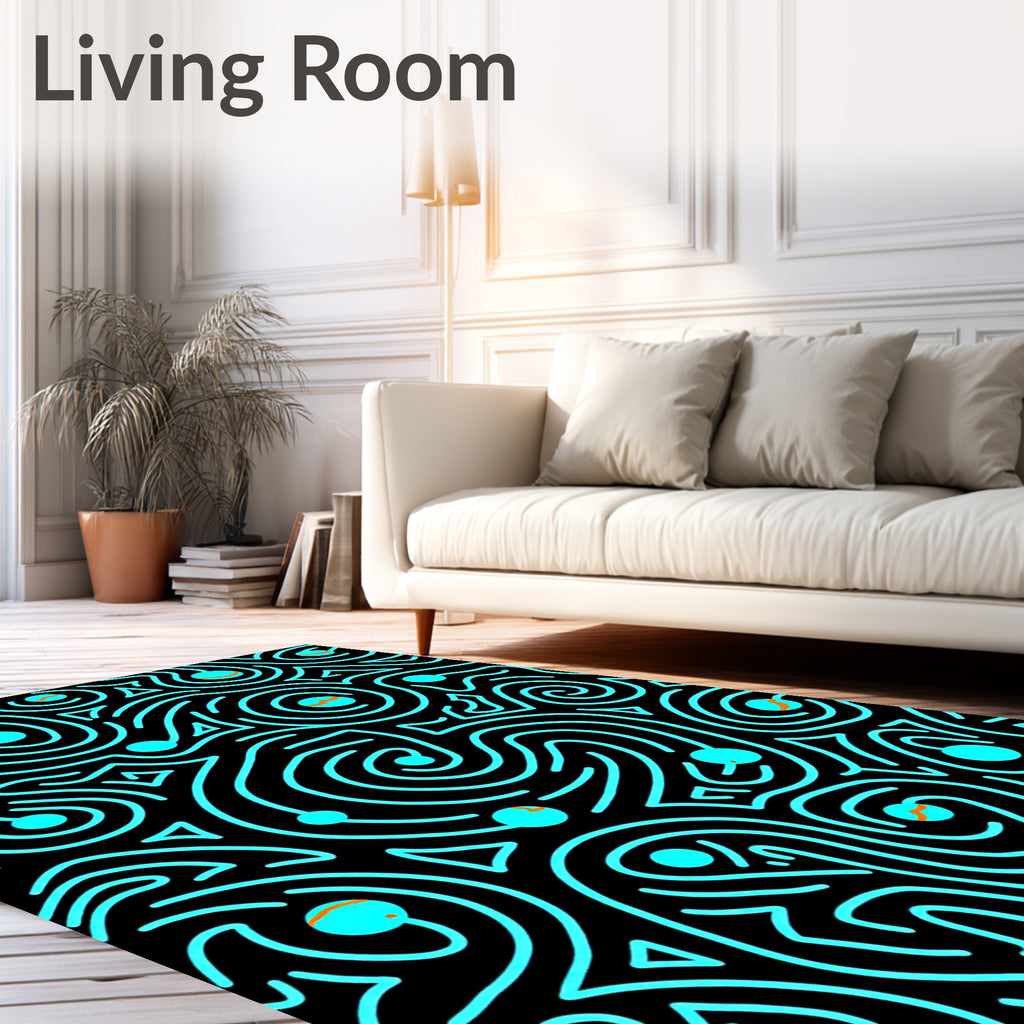 Aqua Swirl Abstract Geometric Black Rug