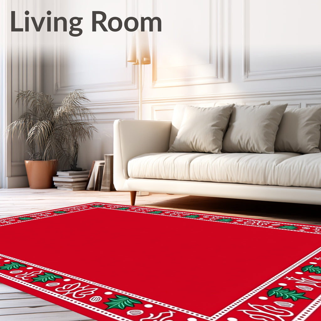 Festive Red Christmas Tree Border Rug