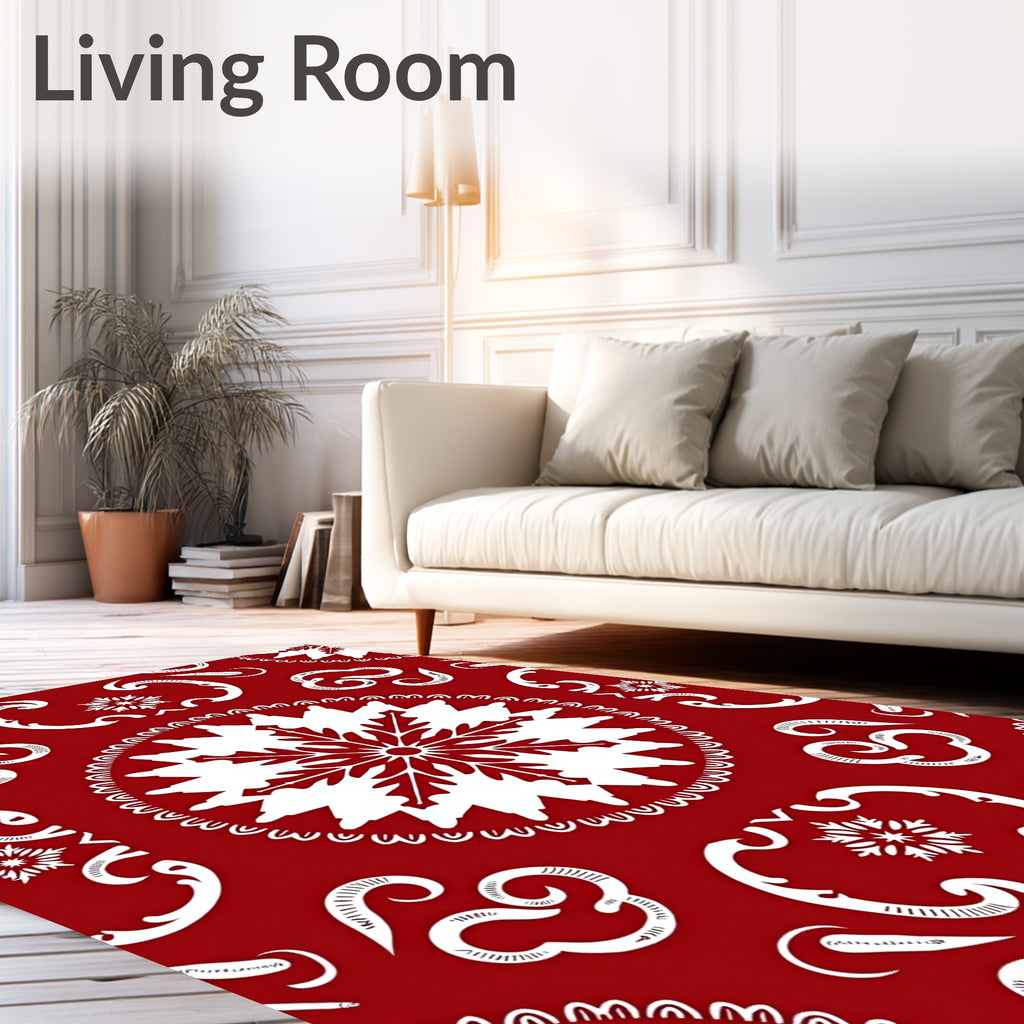 Intricate Snowflake Patterned Red Rug