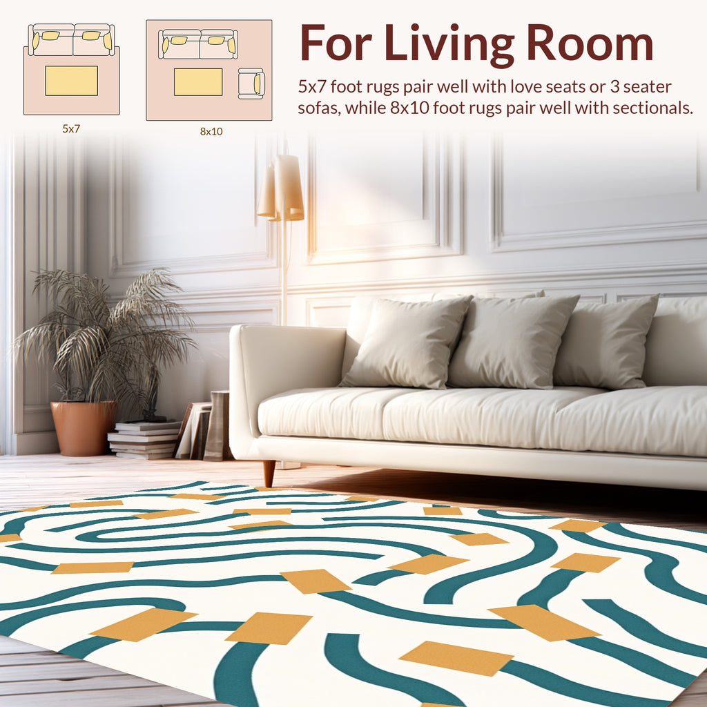Teal Square Curve Pattern Design Rug