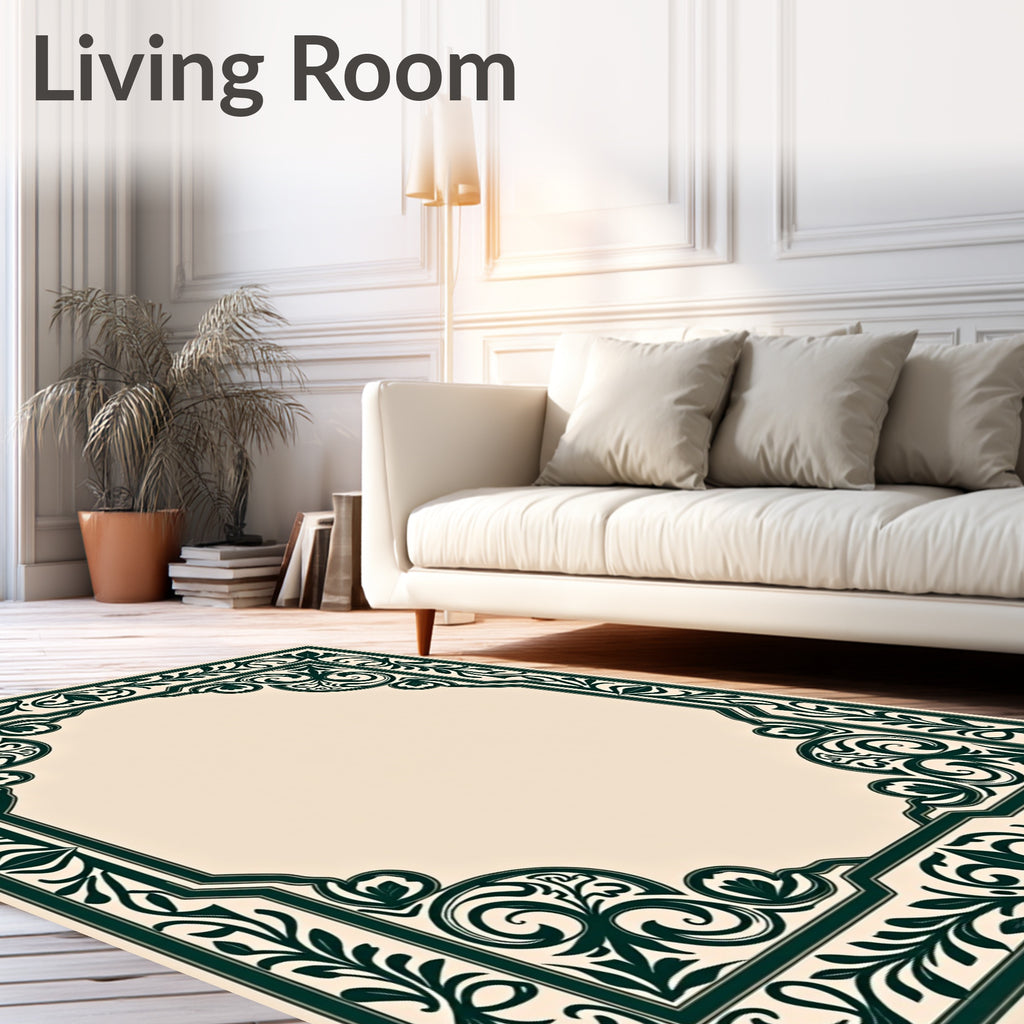Dark Green Floral Scroll Work Frame Rug