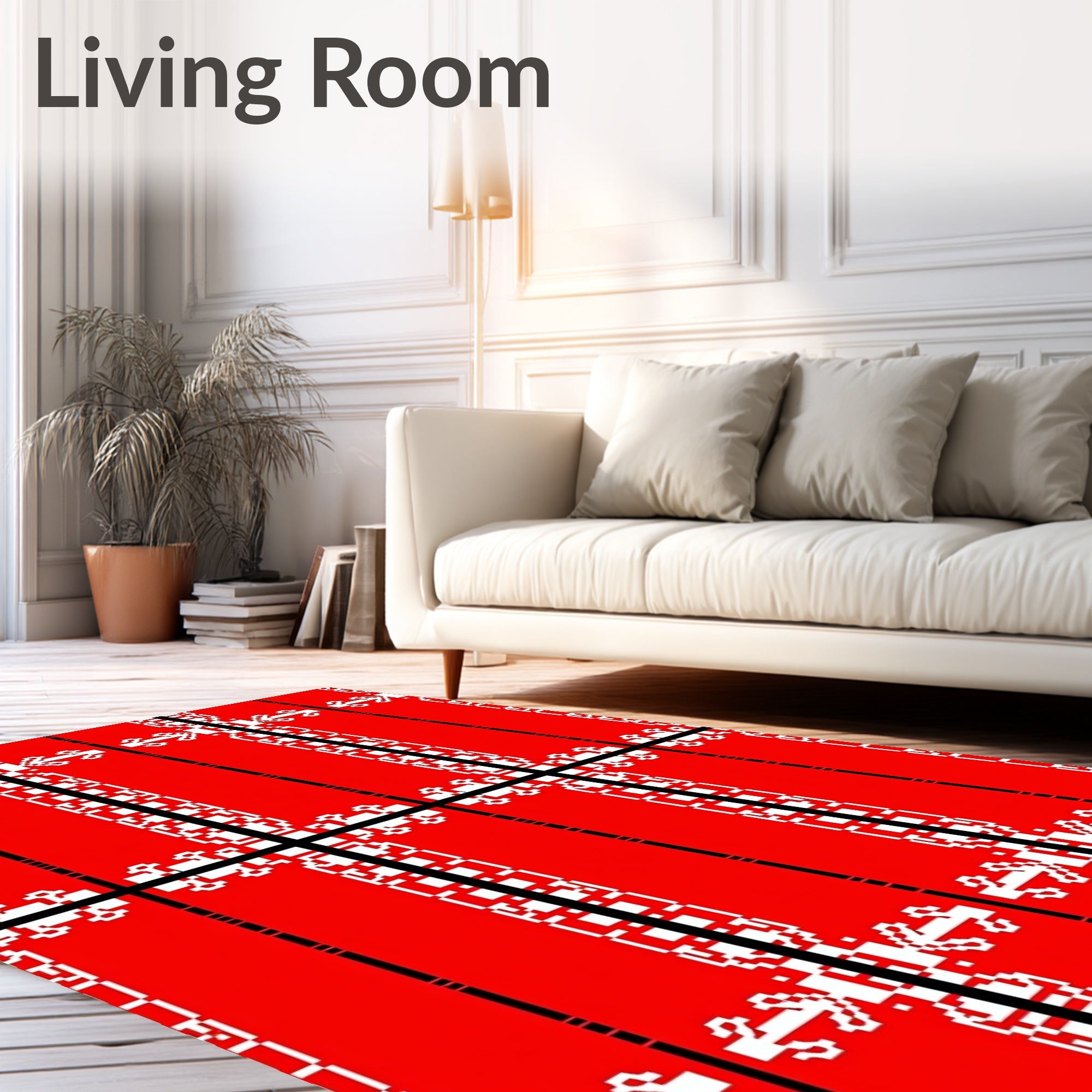 Bold Red White Pixelated Pattern Rug