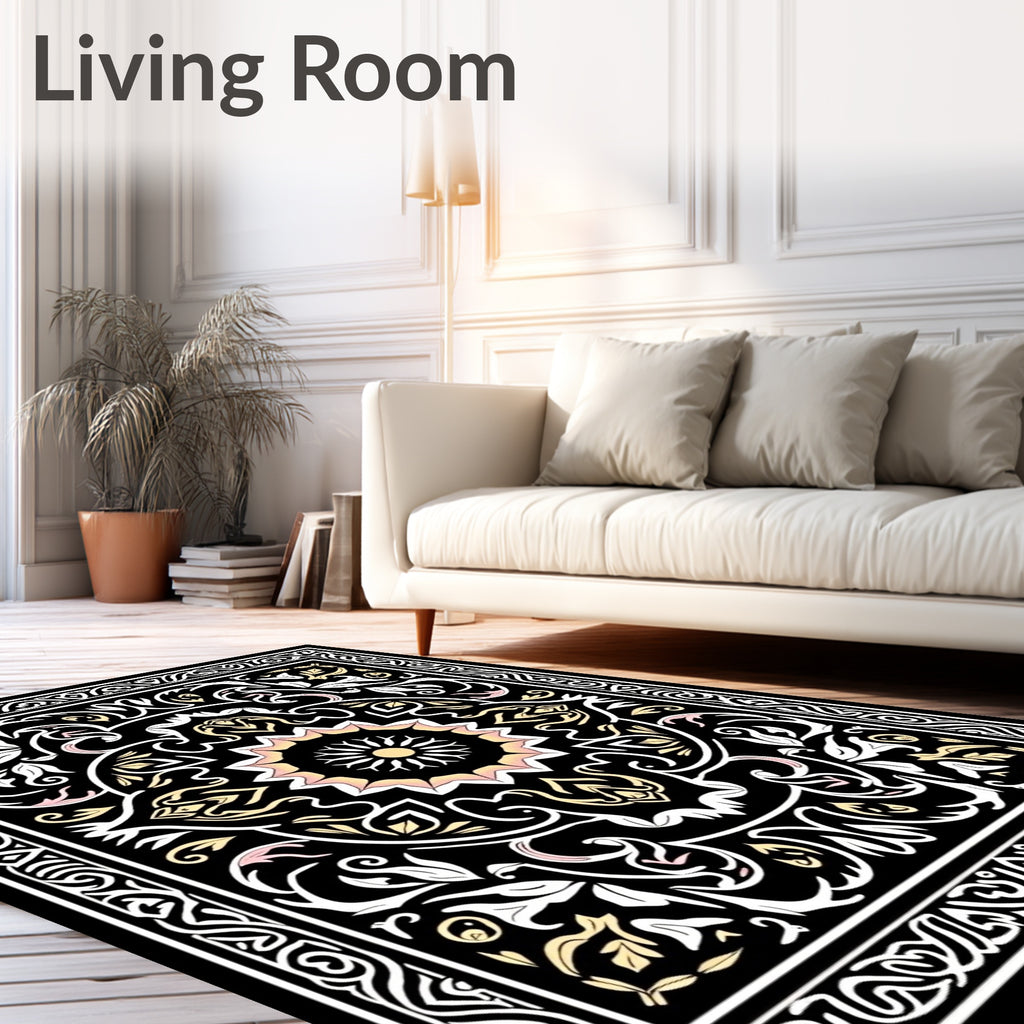 Ornate Floral Mandala Black Gold Rug