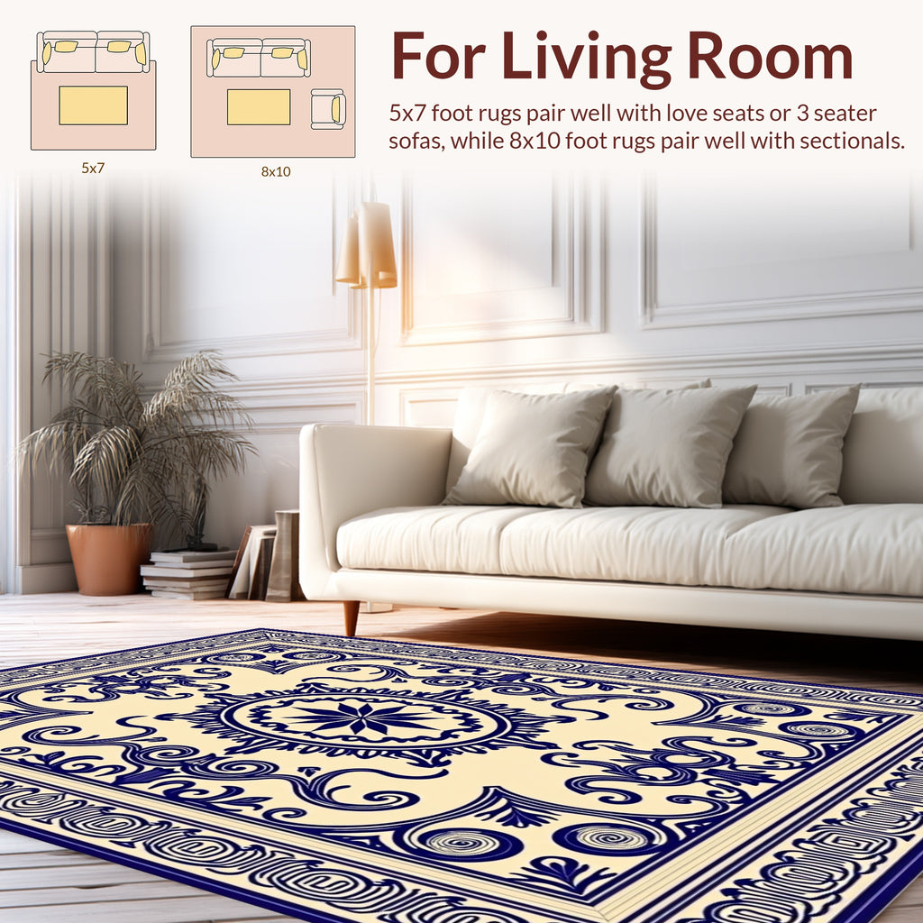 Classic Blue White Ornate Pattern Rug