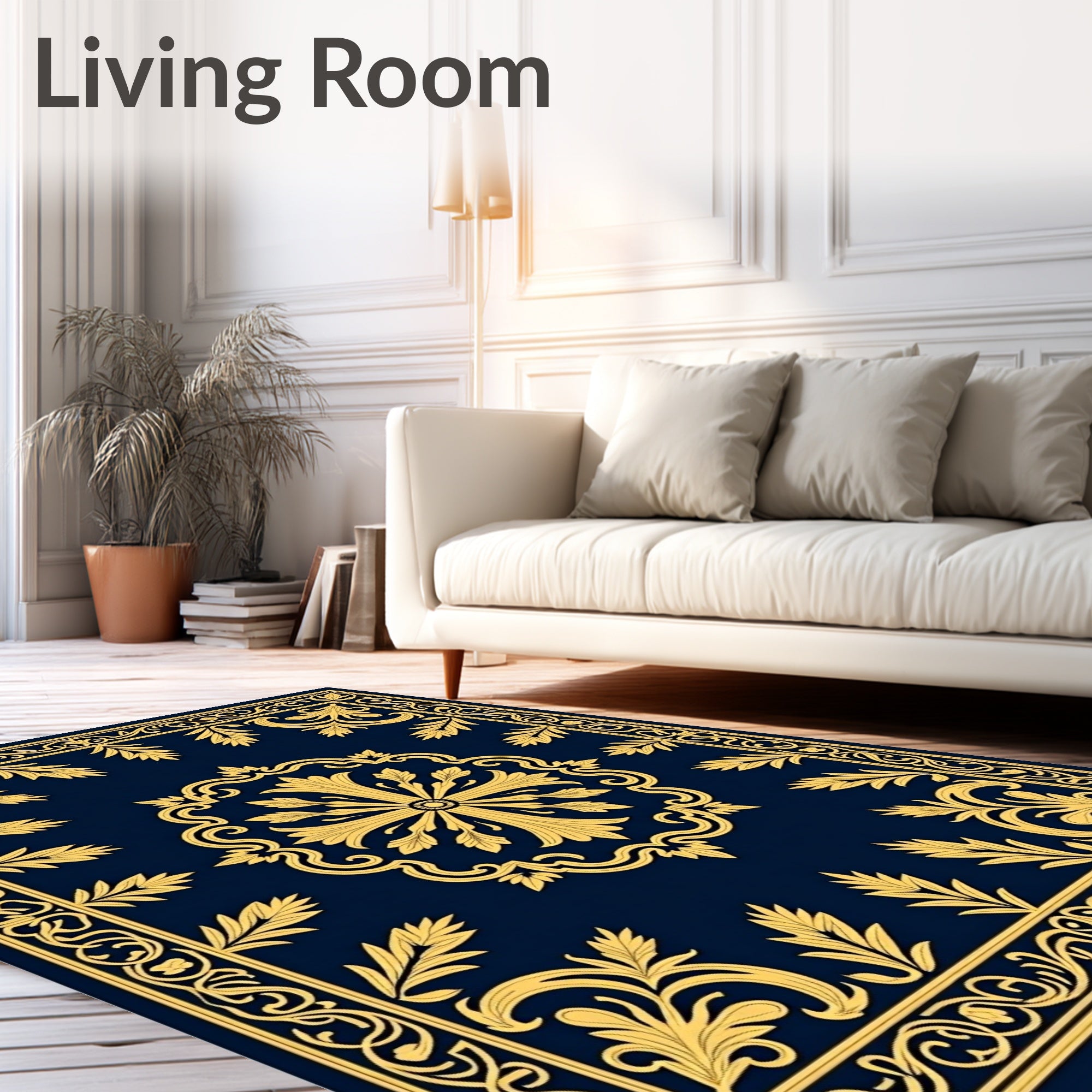 Royal Blue Gold Traditional Floral Design Rug