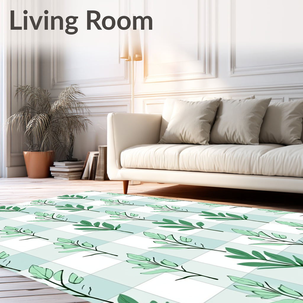Green Leaf Twig Grid Pattern Rug