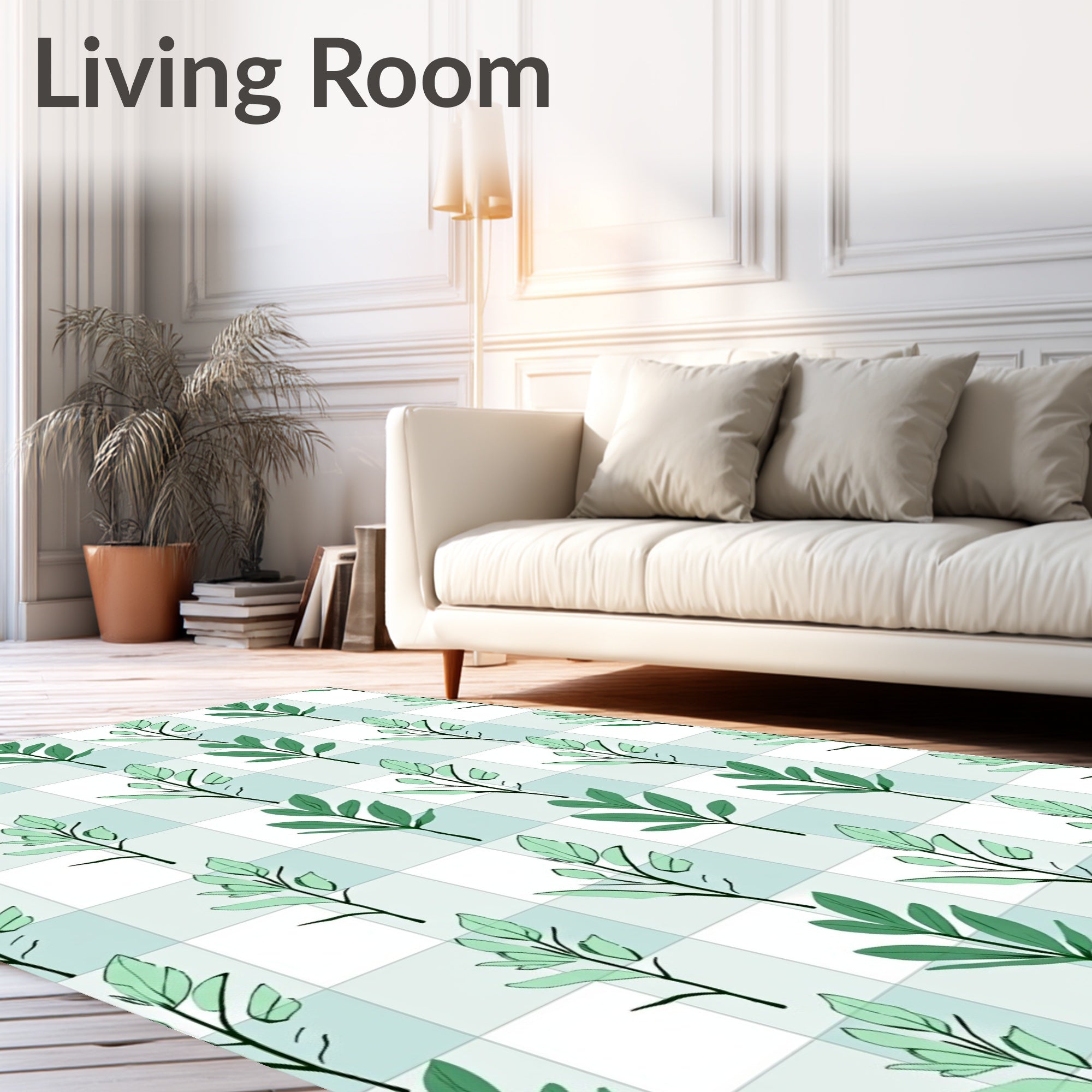 Green Leaf Twig Grid Pattern Rug