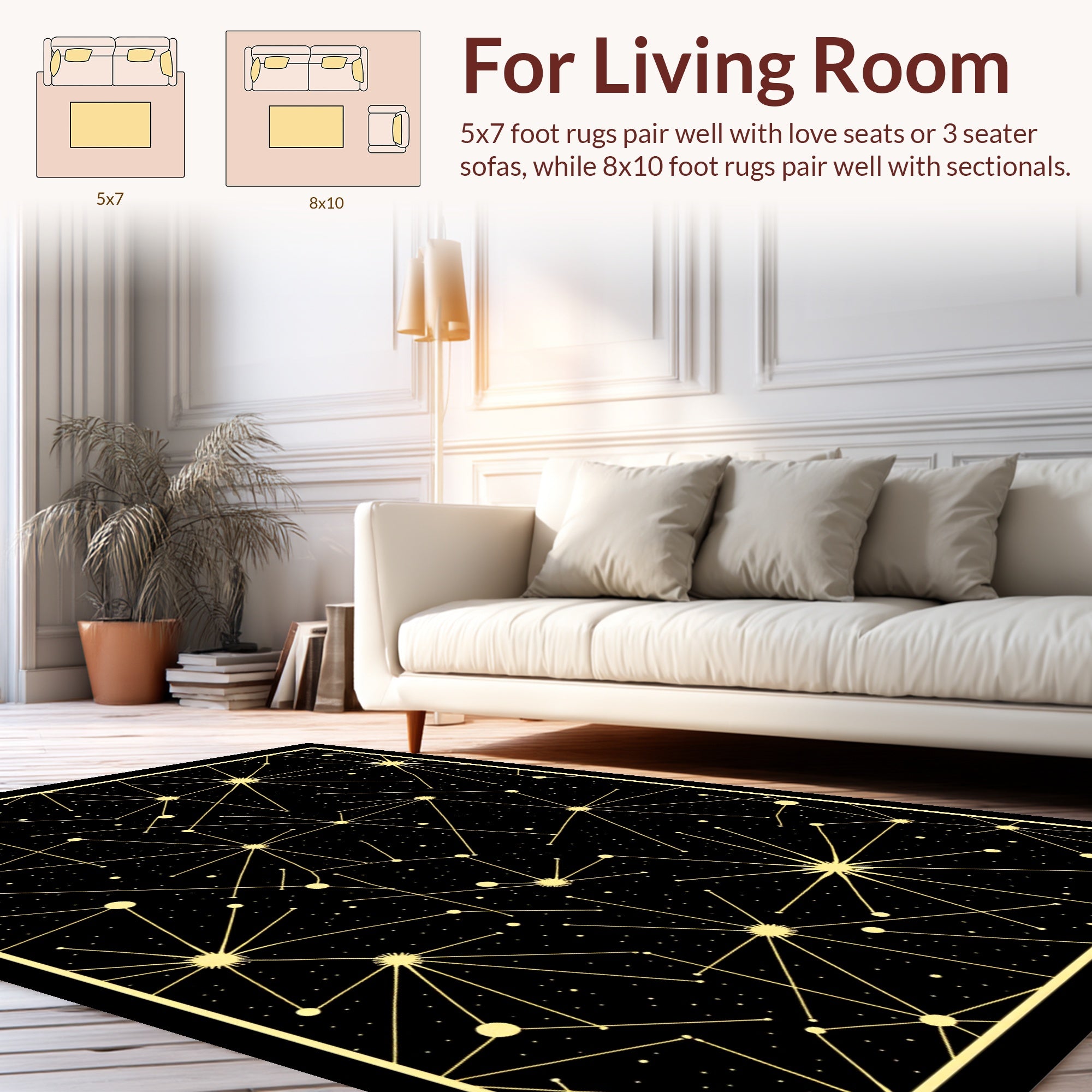 Golden Starburst Pattern Black Rug