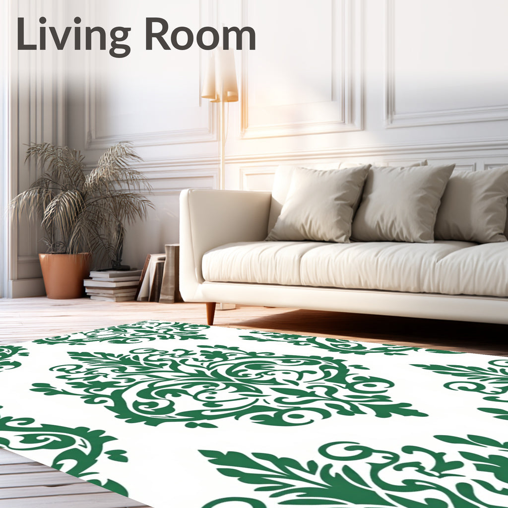 Damask Inspired Emerald Scroll Pattern Rug