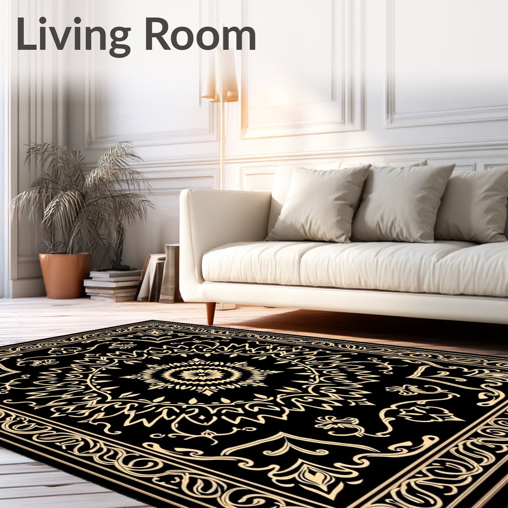 Black Gold Ornate Medallion Rug