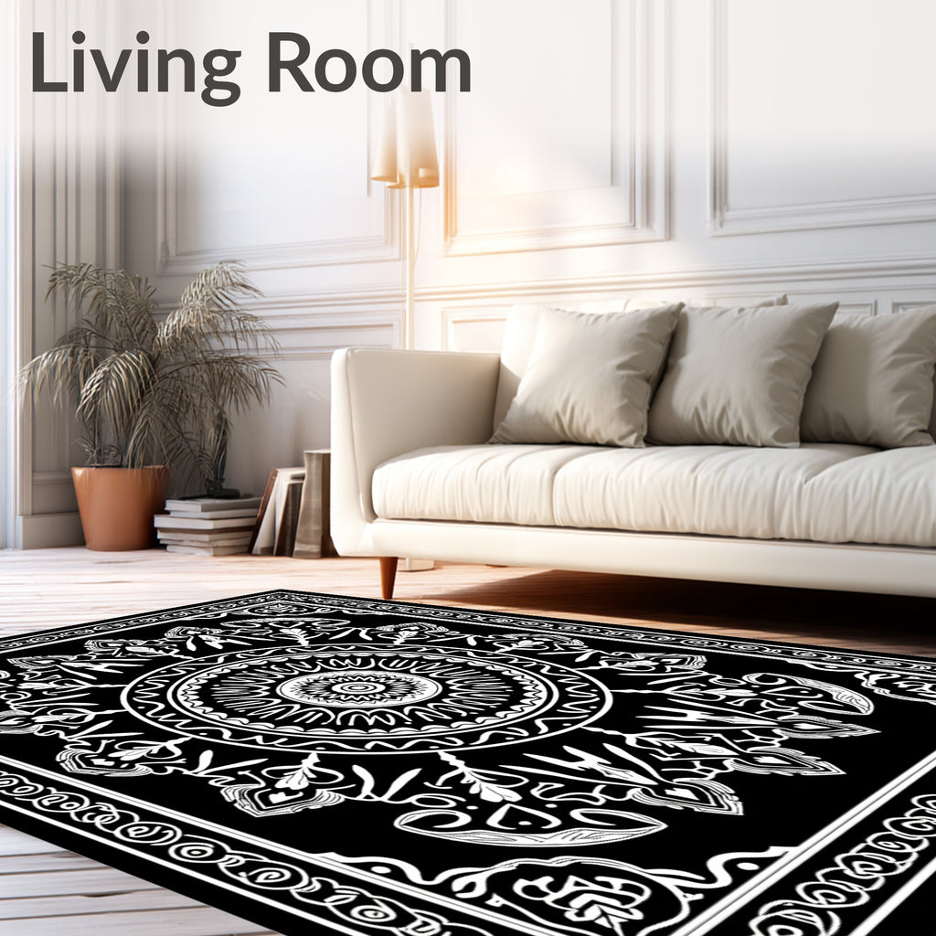 Intricate Black White Floral Mandala Design Rug